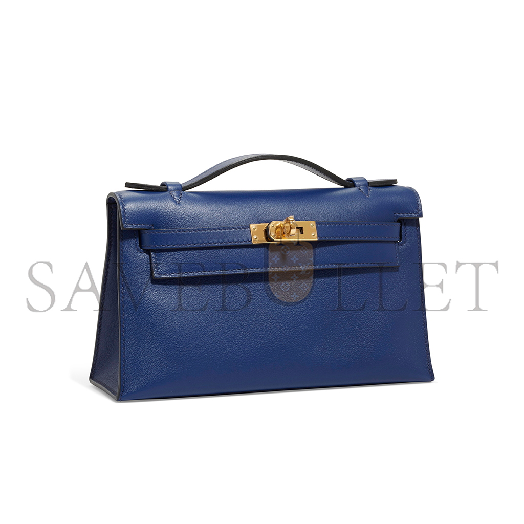 HERMÈS A BLEU SAPHIR SWIFT LEATHER KELLY POCHETTE WITH GOLD HARDWARE (22*14*7cm)